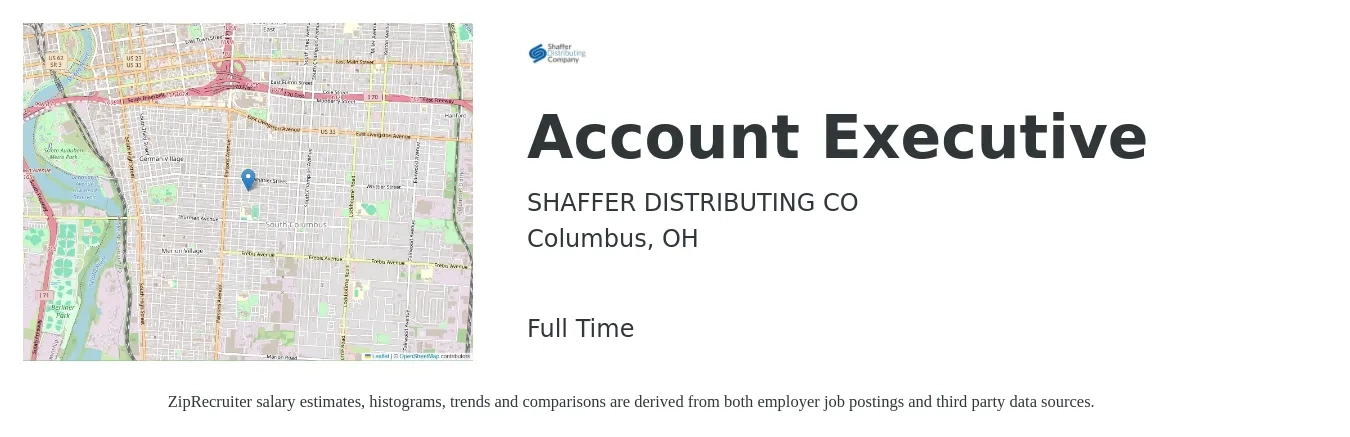 SHAFFER DISTRIBUTING CO job posting for a Account Executive in Columbus, OH with a salary of $52,200 to $91,800 Yearly with a map of Columbus location.