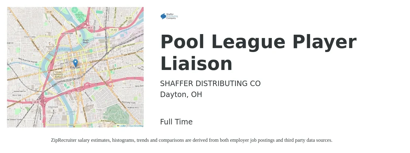 SHAFFER DISTRIBUTING CO job posting for a Pool League Player Liaison in Dayton, OH with a salary of $16 to $23 Hourly with a map of Dayton location.
