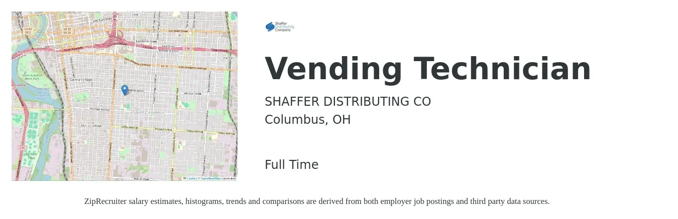SHAFFER DISTRIBUTING CO job posting for a Vending Technician in Columbus, OH with a salary of $18 to $26 Hourly with a map of Columbus location.