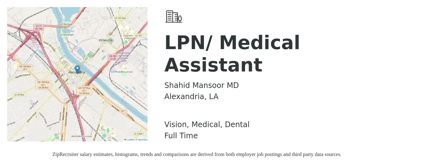 Shahid Mansoor MD job posting for a LPN/ Medical Assistant in Alexandria, LA with a salary of $17 to $22 Hourly and benefits including dental, medical, and vision with a map of Alexandria location.