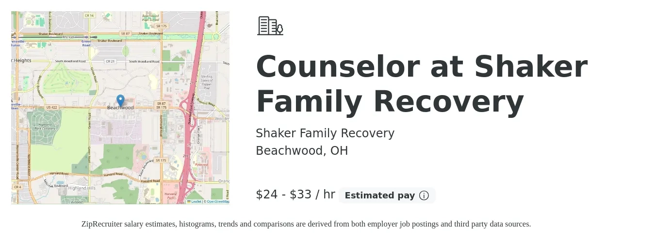 Shaker Family Recovery job posting for a Counselor at Shaker Family Recovery in Beachwood, OH with a salary of $25 to $35 Hourly with a map of Beachwood location.