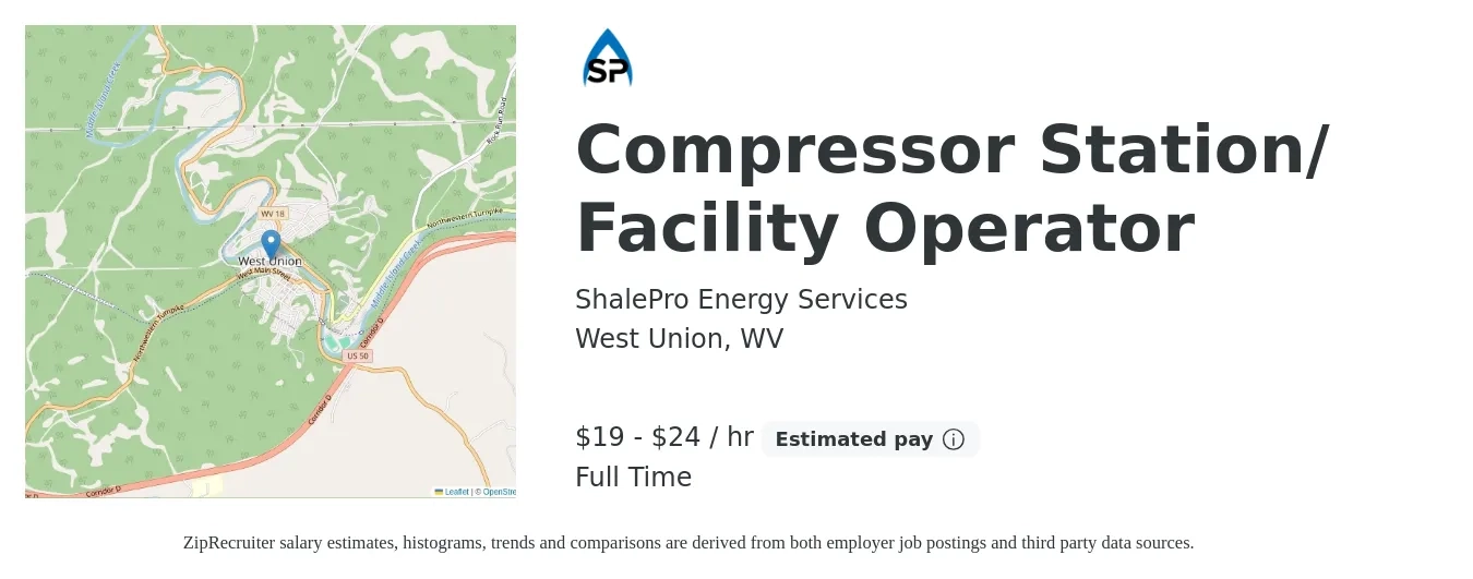 ShalePro Energy Services job posting for a Compressor Station/ Facility Operator in West Union, WV with a salary of $20 to $25 Hourly with a map of West Union location.