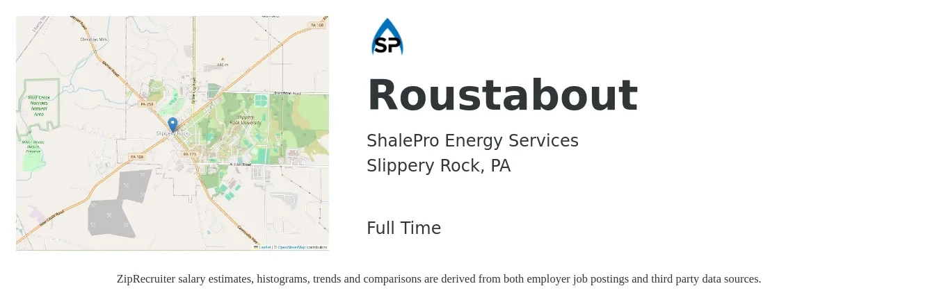 ShalePro Energy Services job posting for a Roustabout in Slippery Rock, PA with a salary of $18 to $26 Hourly with a map of Slippery Rock location.