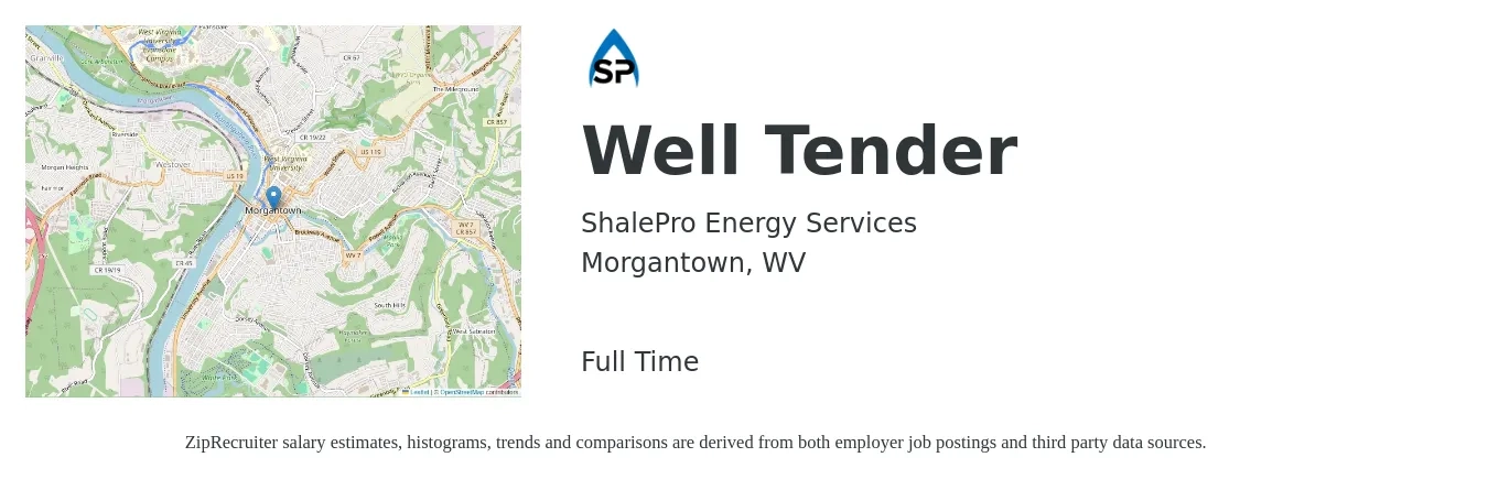 ShalePro Energy Services job posting for a Well Tender in Morgantown, WV with a salary of $30 to $32 Hourly with a map of Morgantown location.