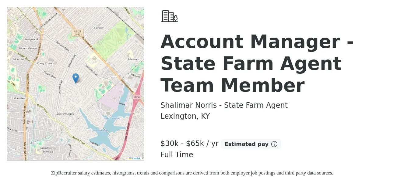 Shalimar Norris - State Farm Agent job posting for a Account Manager - State Farm Agent Team Member in Lexington, KY with a salary of $30,000 to $60,000 Yearly with a map of Lexington location.