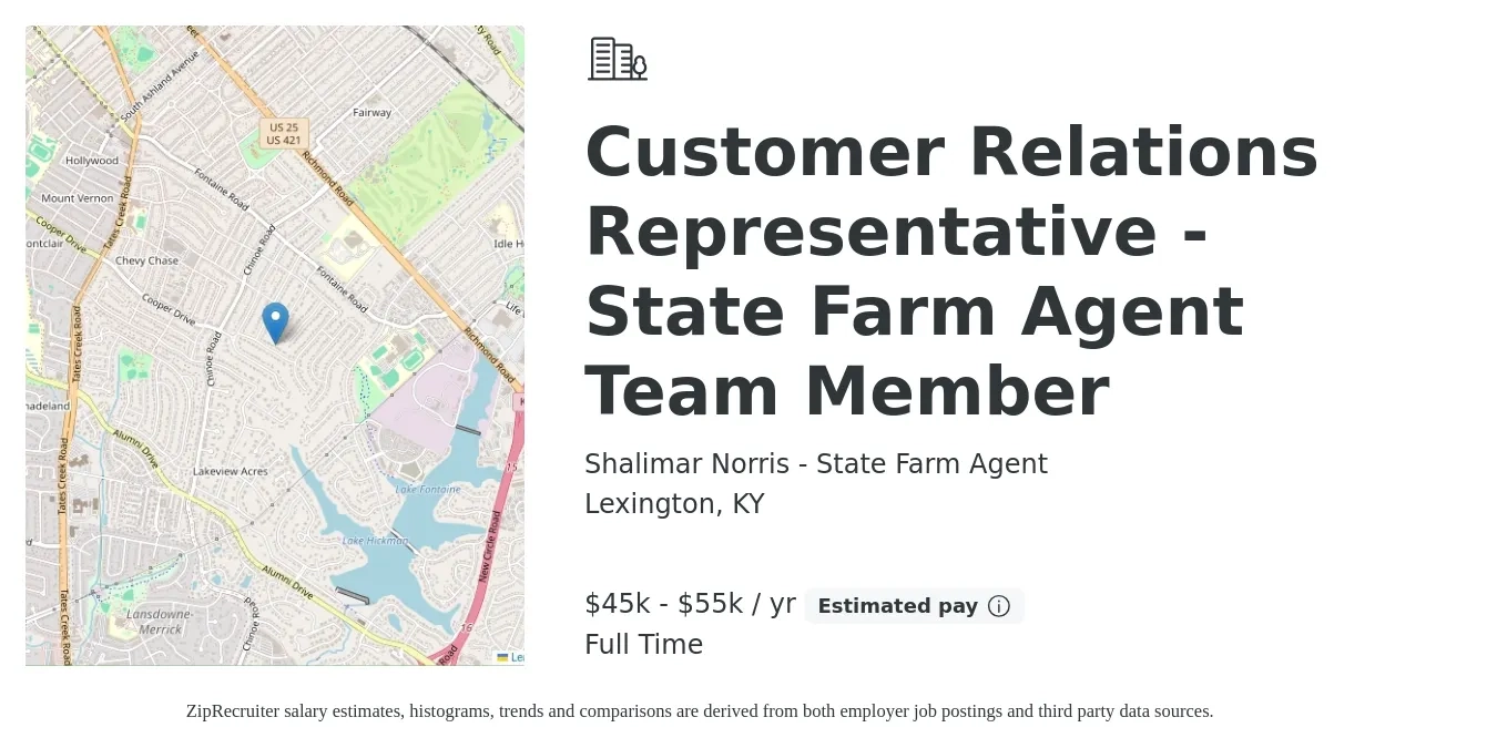 Shalimar Norris - State Farm Agent job posting for a Customer Relations Representative - State Farm Agent Team Member in Lexington, KY with a salary of $45,000 to $55,000 Yearly with a map of Lexington location.