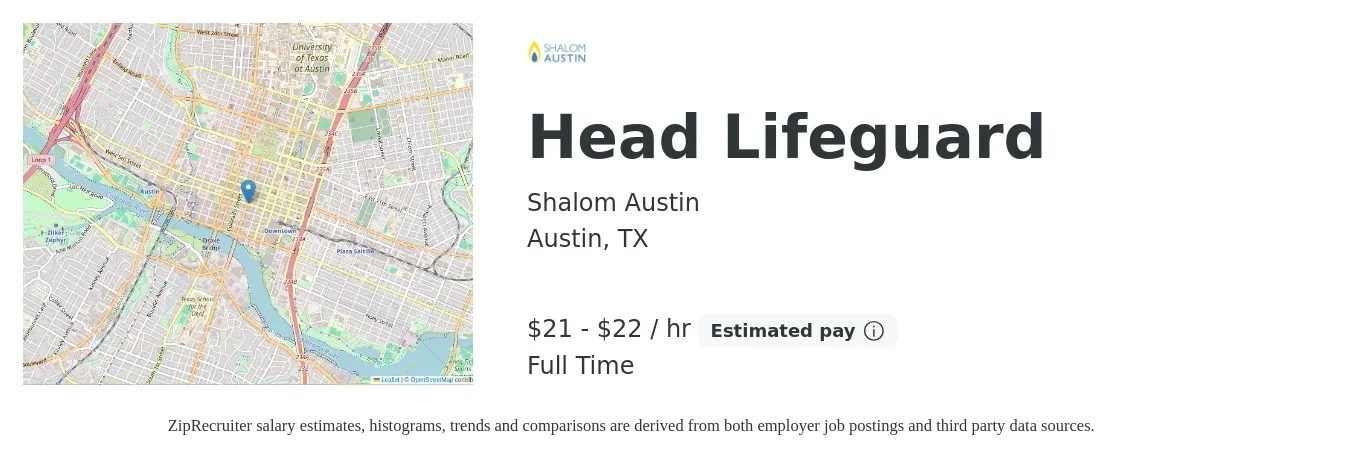 Shalom Austin job posting for a Head Lifeguard in Austin, TX with a salary of $22 to $23 Hourly with a map of Austin location.