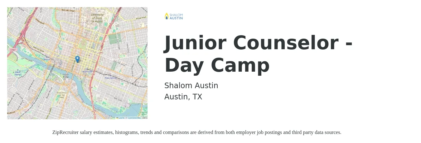 Shalom Austin job posting for a Junior Counselor - Day Camp in Austin, TX with a salary of $200 Daily with a map of Austin location.
