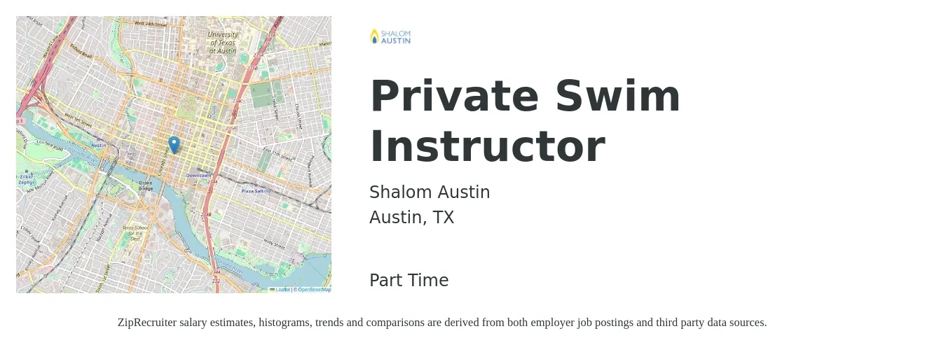Shalom Austin job posting for a Private Swim Instructor in Austin, TX with a salary of $15 to $22 Hourly with a map of Austin location.