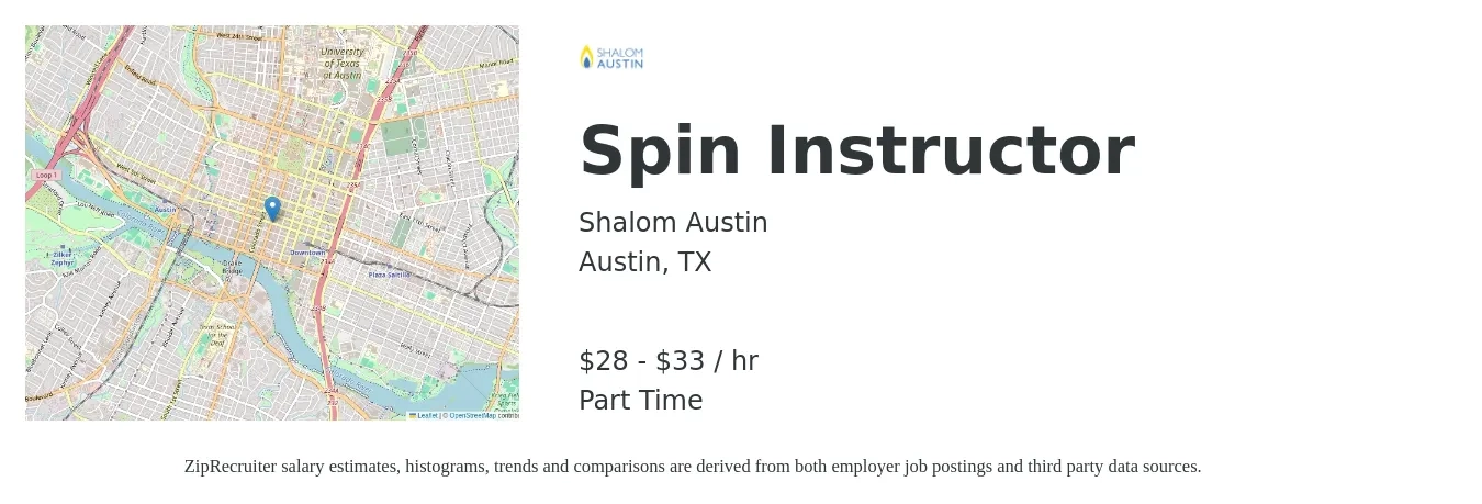 Shalom Austin job posting for a Spin Instructor in Austin, TX with a salary of $30 to $35 Hourly with a map of Austin location.