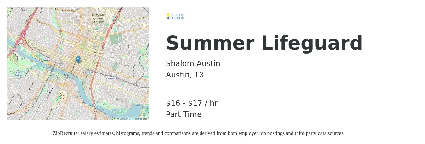 Shalom Austin job posting for a Summer Lifeguard in Austin, TX with a salary of $17 to $18 Hourly with a map of Austin location.
