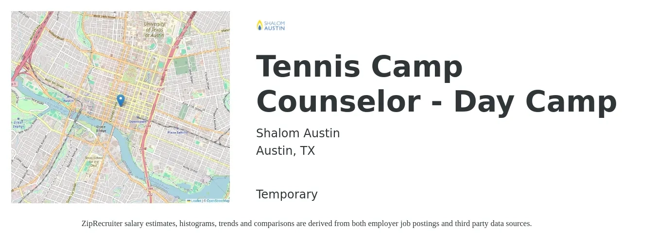 Shalom Austin job posting for a Tennis Camp Counselor - Day Camp in Austin, TX with a salary of $200 Daily with a map of Austin location.