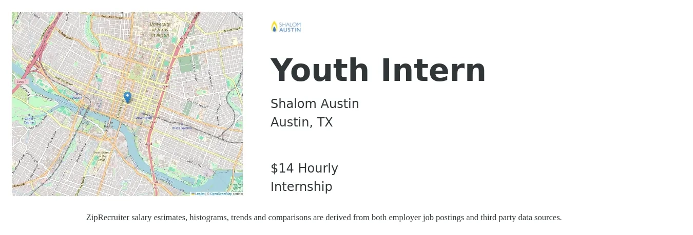 Shalom Austin job posting for a Youth Intern in Austin, TX with a salary of $15 Hourly with a map of Austin location.
