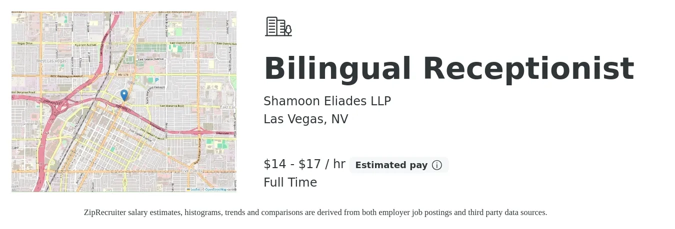 Shamoon Eliades LLP job posting for a Bilingual Receptionist in Las Vegas, NV with a salary of $15 to $18 Hourly and benefits including pto with a map of Las Vegas location.
