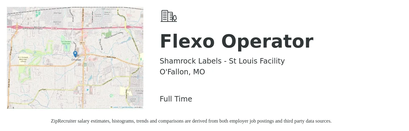 Shamrock Labels - St Louis Facility job posting for a Flexo Operator in O'Fallon, MO with a salary of $25 to $33 Hourly with a map of O'Fallon location.