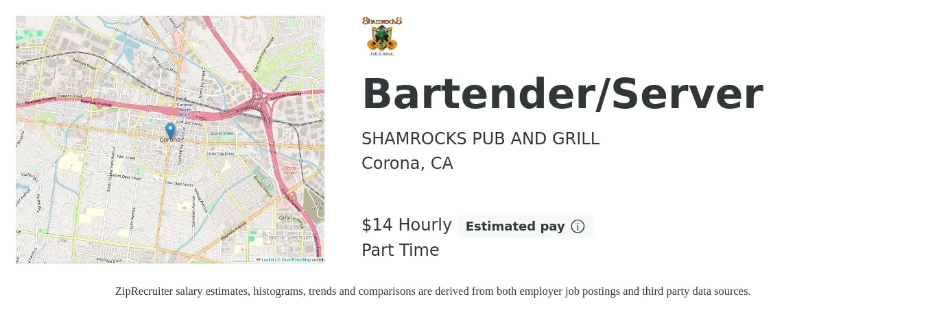 SHAMROCKS PUB AND GRILL job posting for a Bartender/Server in Corona, CA with a salary of $16 Hourly with a map of Corona location.