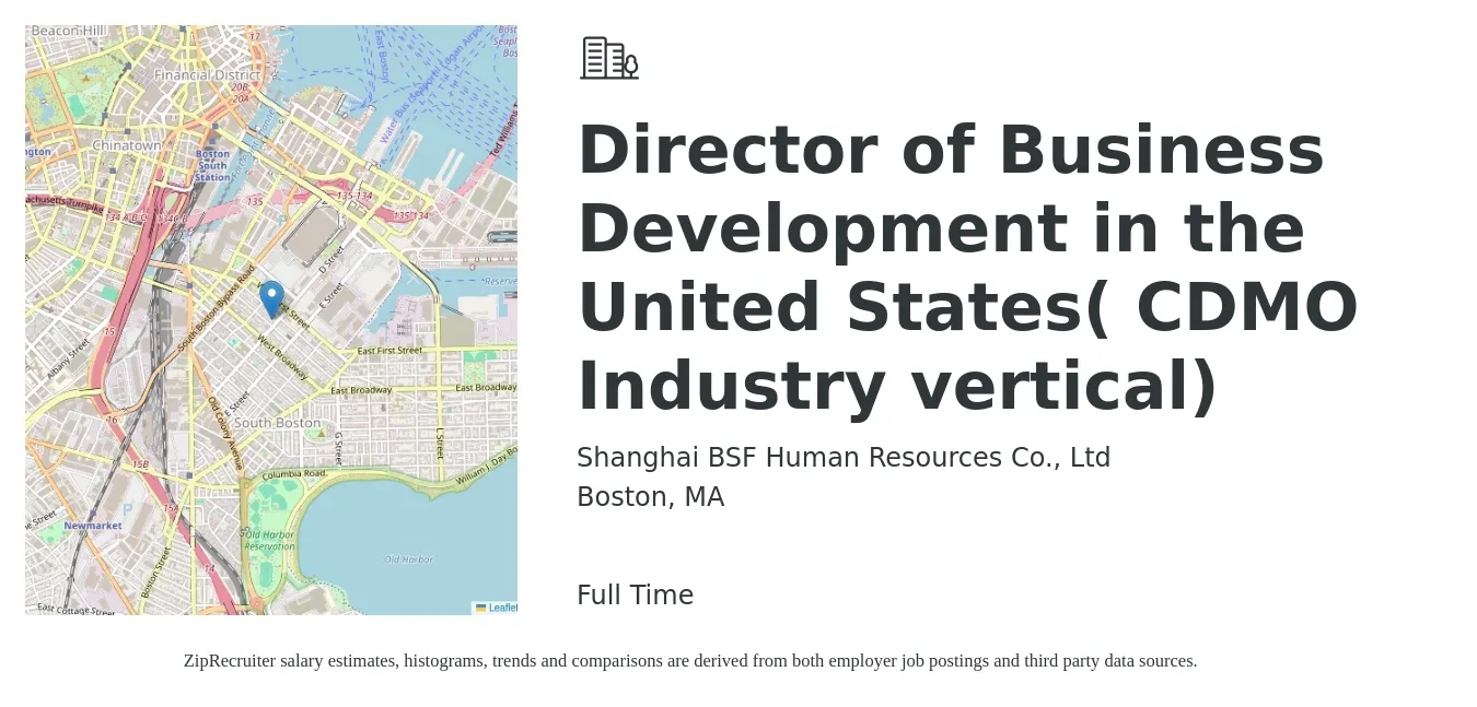Shanghai BSF Human Resources Co., Ltd job posting for a Director of Business Development in the United States( CDMO Industry vertical) in Boston, MA with a salary of $101,600 to $164,600 Yearly with a map of Boston location.