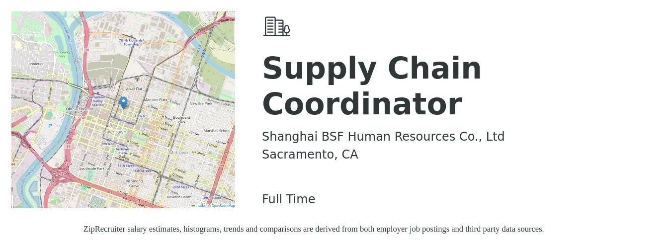 Shanghai BSF Human Resources Co., Ltd job posting for a Supply Chain Coordinator in Sacramento, CA with a salary of $23 to $33 Hourly with a map of Sacramento location.