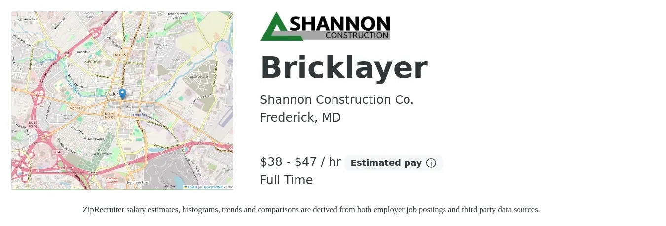 Shannon Construction Co. job posting for a Bricklayer in Frederick, MD with a salary of $40 to $49 Hourly with a map of Frederick location.