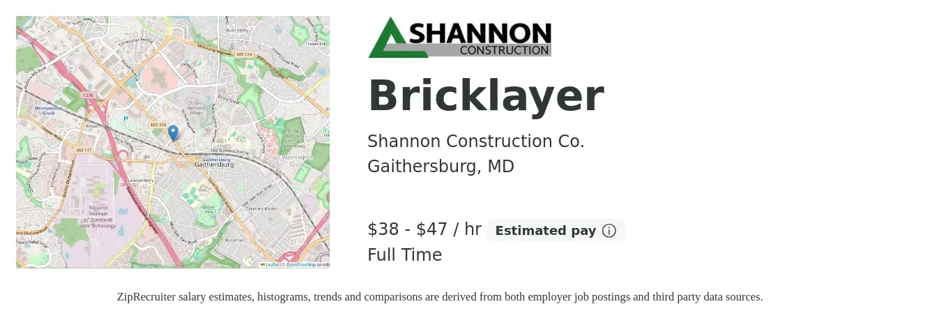 Shannon Construction Co. job posting for a Bricklayer in Gaithersburg, MD with a salary of $40 to $49 Hourly with a map of Gaithersburg location.