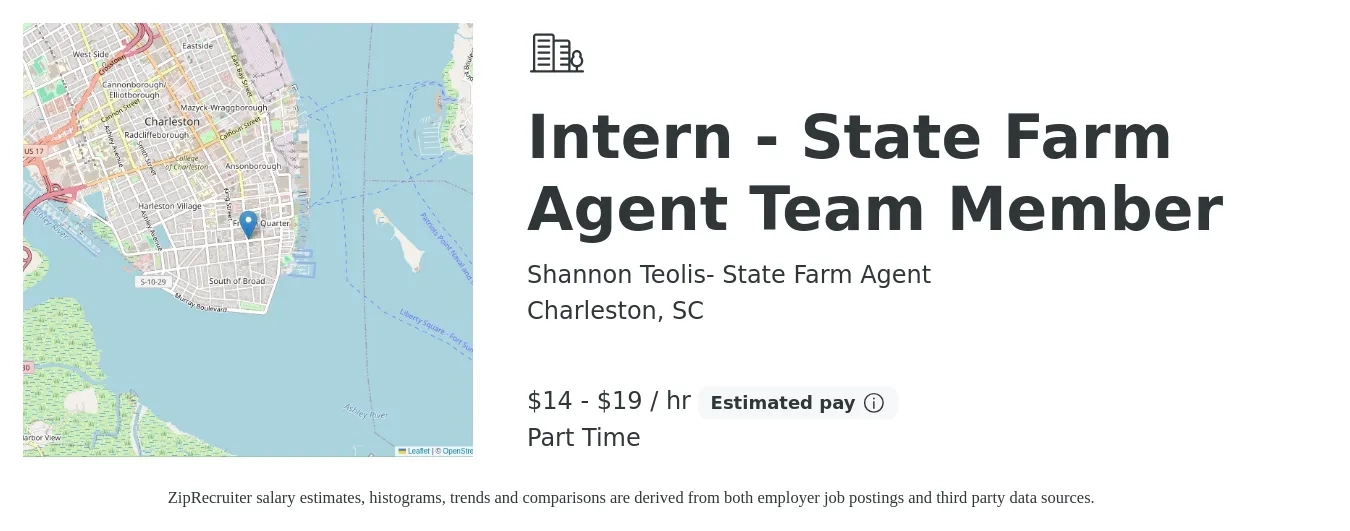 Shannon Teolis- State Farm Agent job posting for a Intern - State Farm Agent Team Member in Charleston, SC with a salary of $15 to $20 Hourly with a map of Charleston location.
