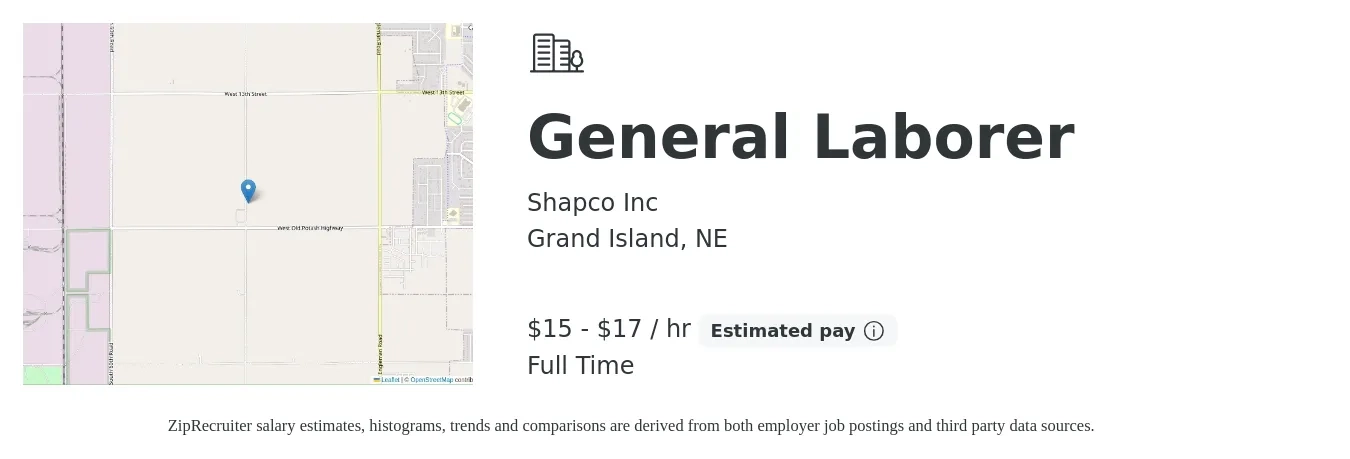 Shapco Inc job posting for a General Laborer in Grand Island, NE with a salary of $16 to $18 Hourly with a map of Grand Island location.