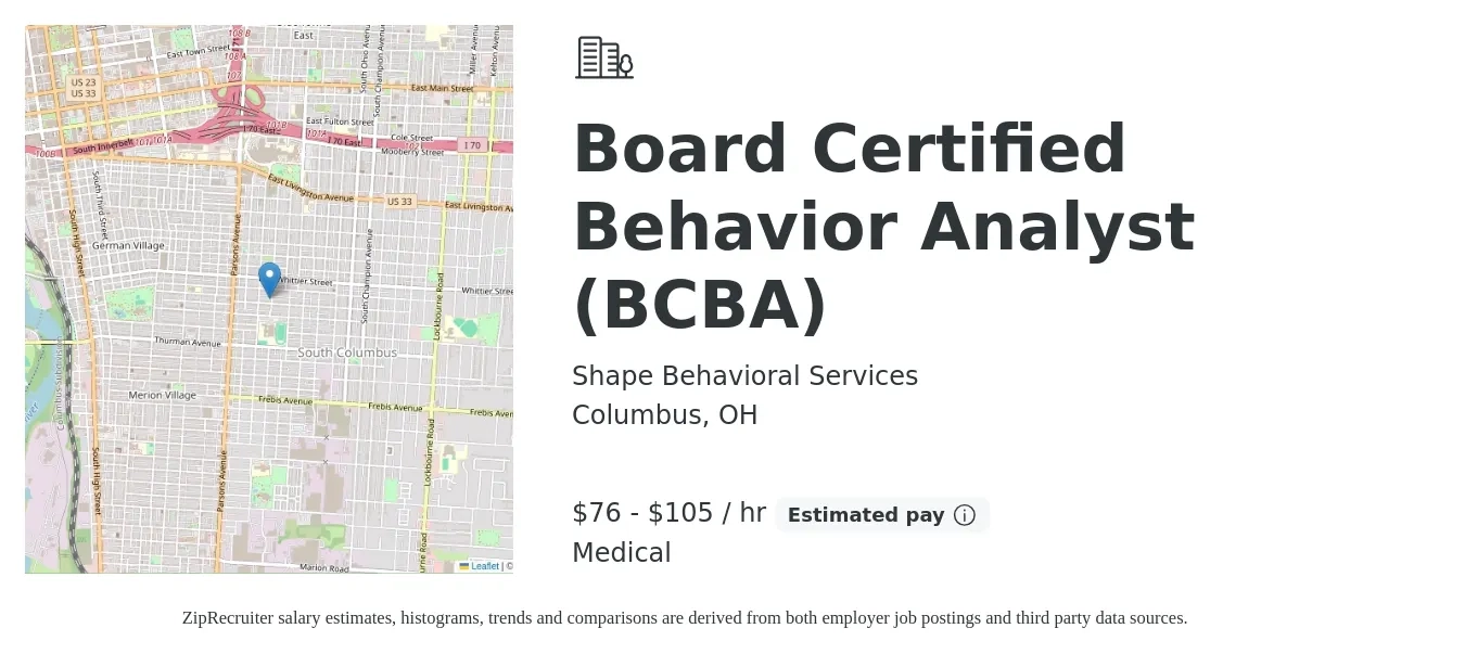 Shape Behavioral Services job posting for a Board Certified Behavior Analyst (BCBA) in Columbus, OH with a salary of $80 to $110 Hourly and benefits including medical, and pto with a map of Columbus location.