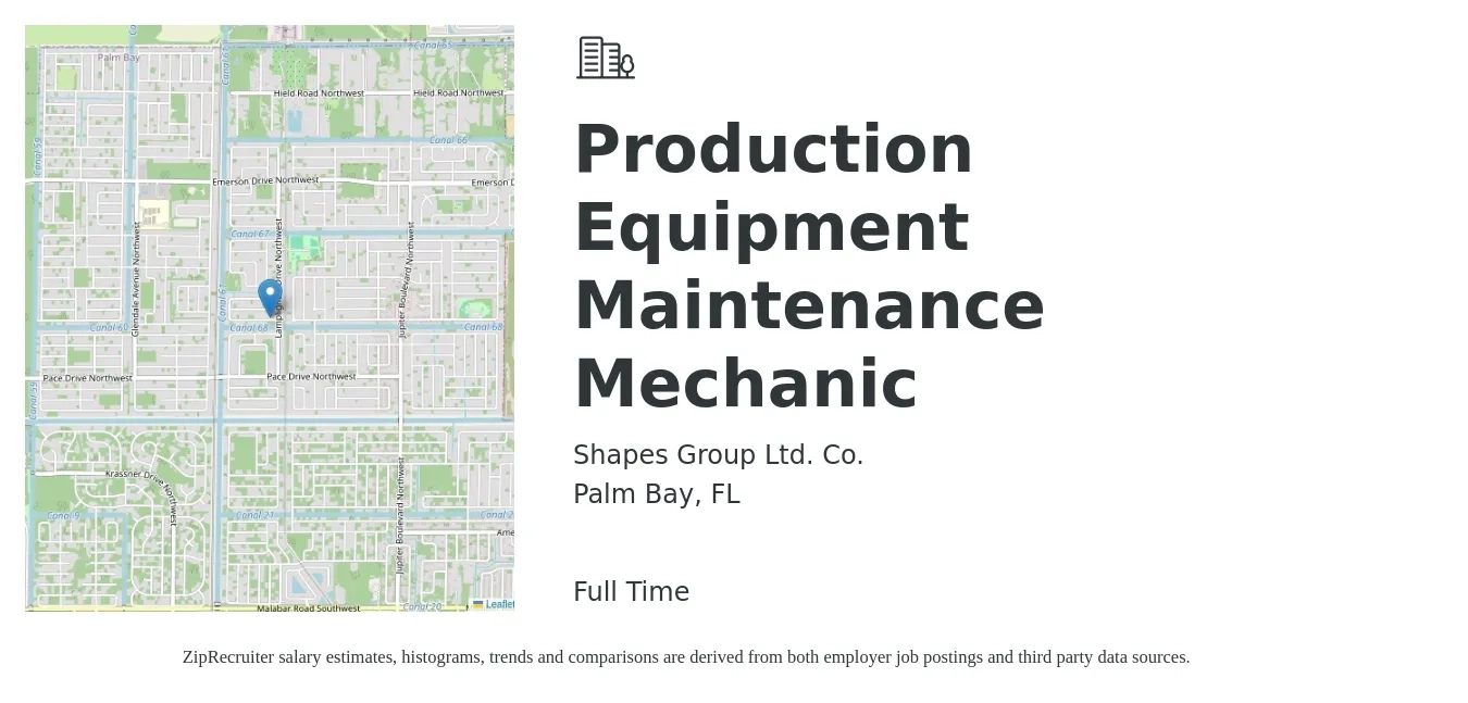 Shapes Group Ltd. Co. job posting for a Production Equipment Maintenance Mechanic in Palm Bay, FL with a salary of $21 to $27 Hourly with a map of Palm Bay location.