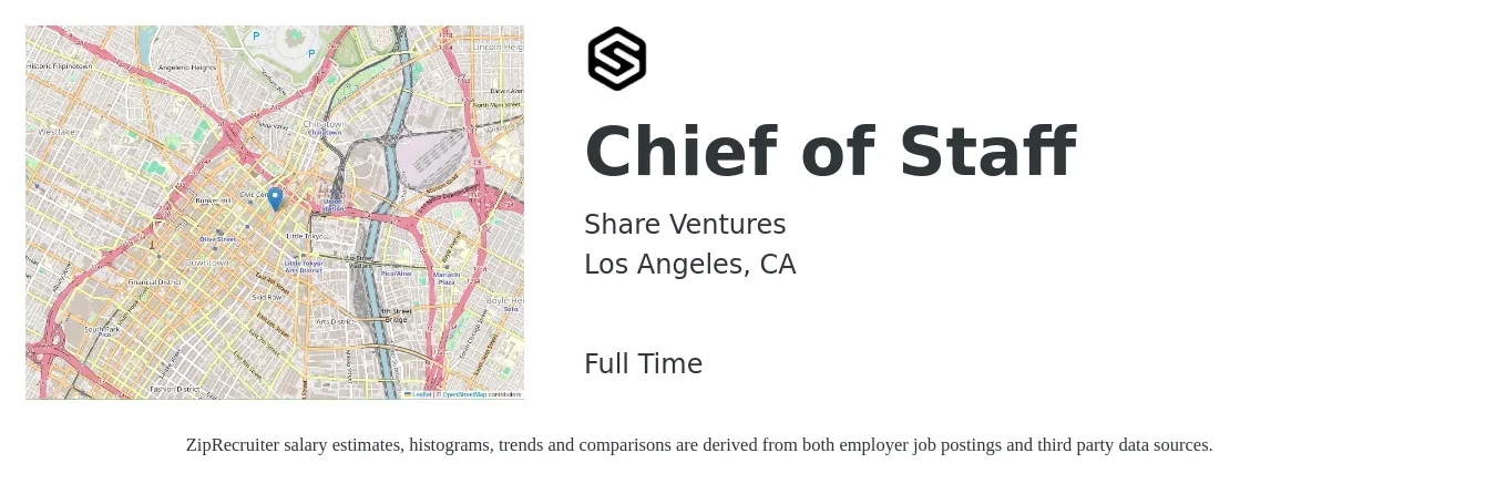 Share Ventures job posting for a Chief of Staff in Los Angeles, CA with a salary of $100,200 to $157,300 Yearly with a map of Los Angeles location.
