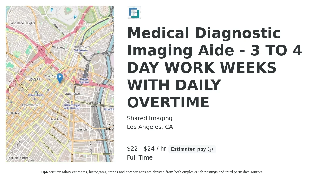 Shared Imaging job posting for a Medical Diagnostic Imaging Aide - 3 TO 4 DAY WORK WEEKS WITH DAILY OVERTIME in Los Angeles, CA with a salary of $23 to $25 Hourly with a map of Los Angeles location.