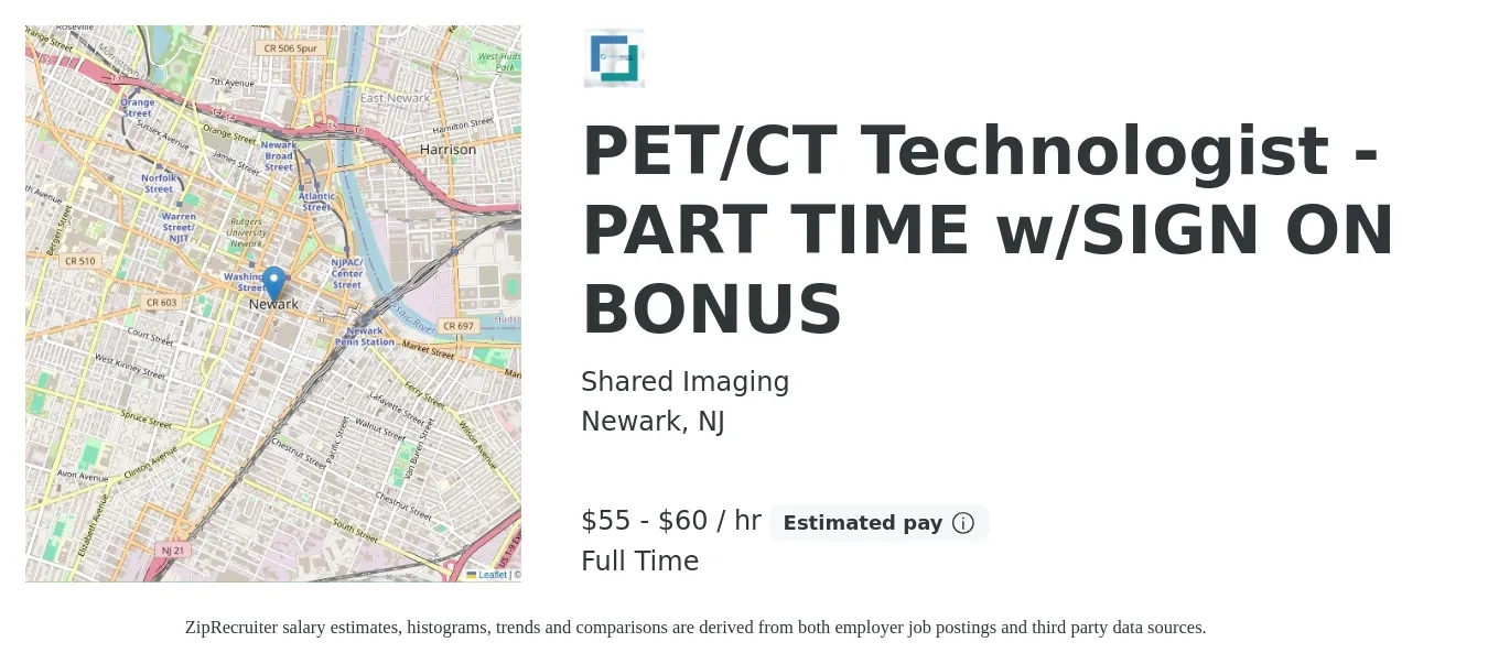 Shared Imaging job posting for a PET/CT Technologist - PART TIME w/SIGN ON BONUS in Newark, NJ with a salary of $58 to $63 Hourly with a map of Newark location.