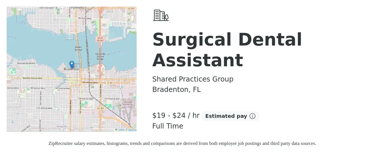 Shared Practices Group job posting for a Surgical Dental Assistant in Bradenton, FL with a salary of $20 to $25 Hourly with a map of Bradenton location.