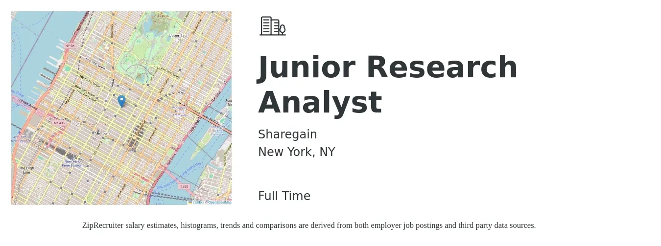 Sharegain job posting for a Junior Research Analyst in New York, NY with a salary of $26 to $40 Hourly with a map of New York location.