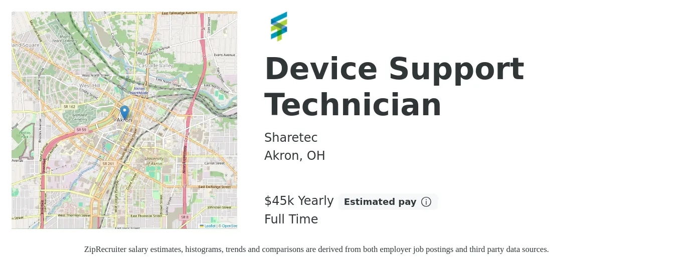 Sharetec job posting for a Device Support Technician in Akron, OH with a salary of $45,000 Yearly with a map of Akron location.