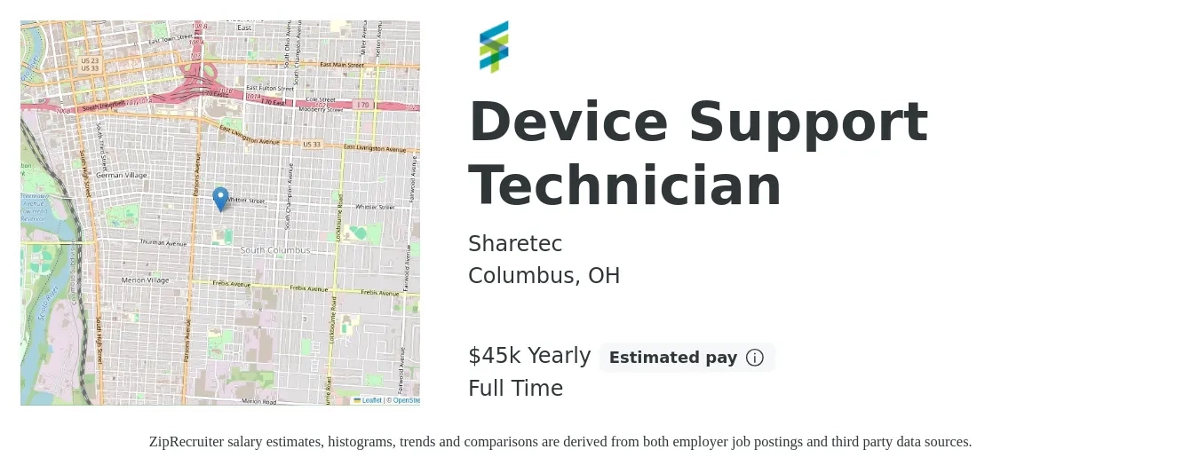 Sharetec job posting for a Device Support Technician in Columbus, OH with a salary of $45,000 Yearly with a map of Columbus location.