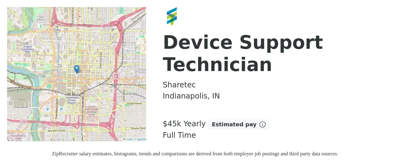 ShareTec job posting for a Device Support Technician in Indianapolis, IN with a salary of $45,000 Yearly with a map of Indianapolis location.