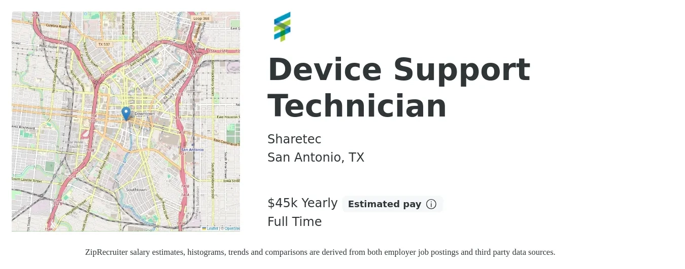 Sharetec job posting for a Device Support Technician in San Antonio, TX with a salary of $45,000 Yearly with a map of San Antonio location.