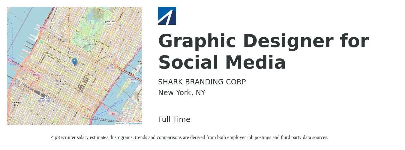 SHARK BRANDING CORP job posting for a Graphic Designer for Social Media in New York, NY with a salary of $23 to $36 Hourly with a map of New York location.