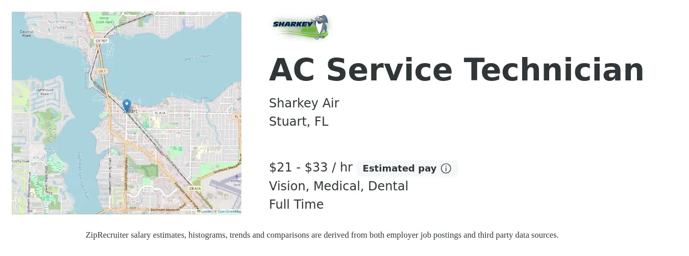 Sharkey Air job posting for a AC Service Technician in Stuart, FL with a salary of $22 to $35 Hourly (plus commission) and benefits including life_insurance, medical, pto, retirement, vision, and dental with a map of Stuart location.