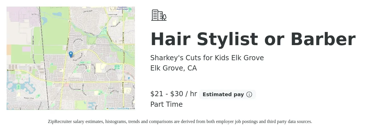 Sharkey's Cuts for Kids Elk Grove job posting for a Hair Stylist or Barber in Elk Grove, CA with a salary of $22 to $32 Hourly with a map of Elk Grove location.