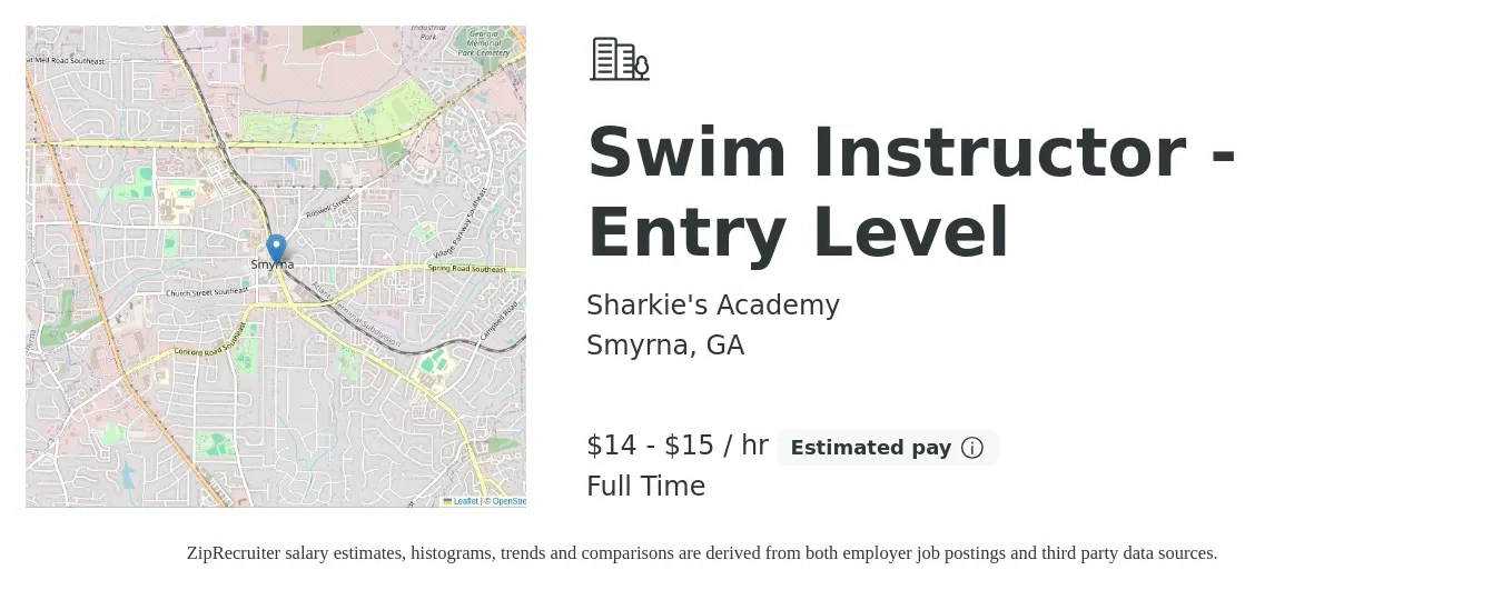 Sharkie's Academy job posting for a Swim Instructor - Entry Level in Smyrna, GA with a salary of $15 to $16 Hourly with a map of Smyrna location.