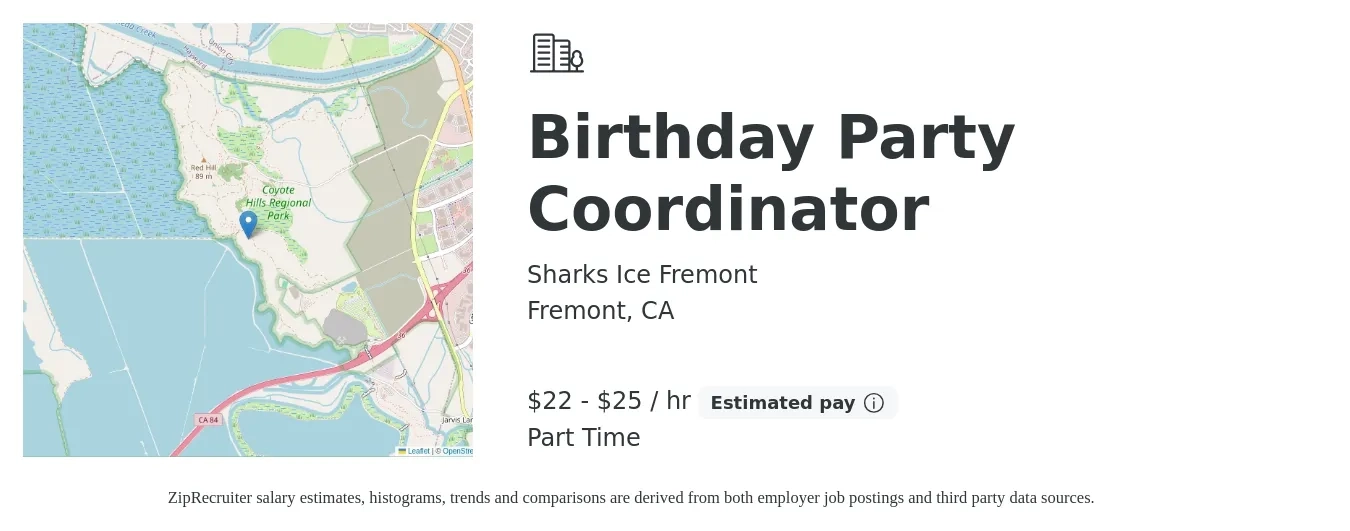 Sharks Ice Fremont job posting for a Birthday Party Coordinator in Fremont, CA with a salary of $24 to $27 Hourly with a map of Fremont location.