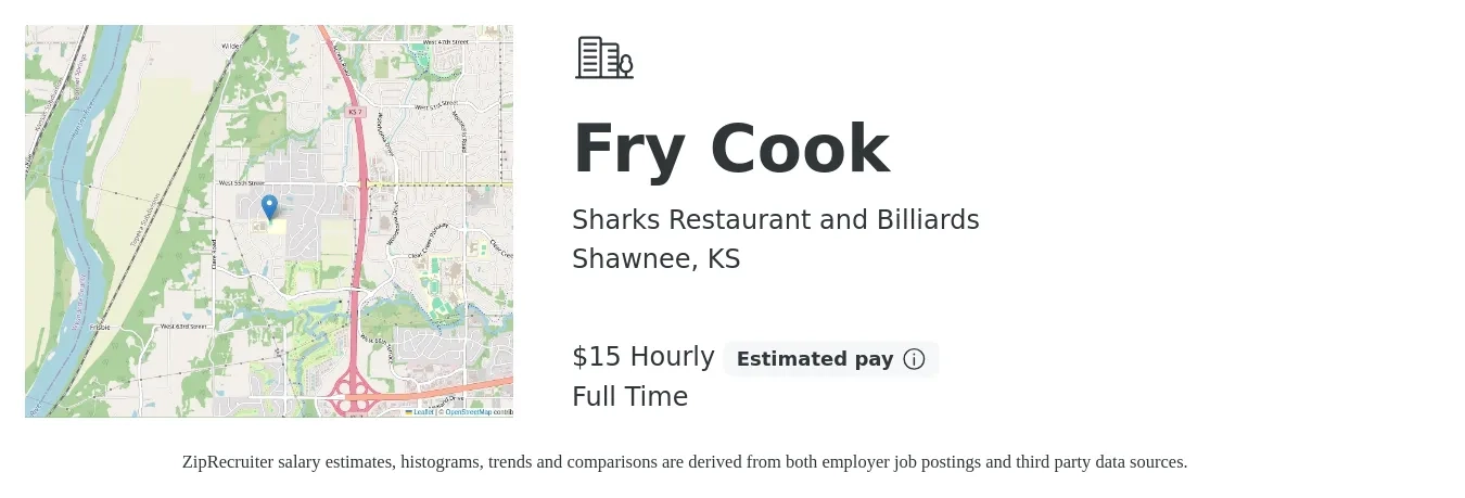 Sharks Restaurant and Billiards job posting for a Fry Cook in Shawnee, KS with a salary of $16 Hourly with a map of Shawnee location.
