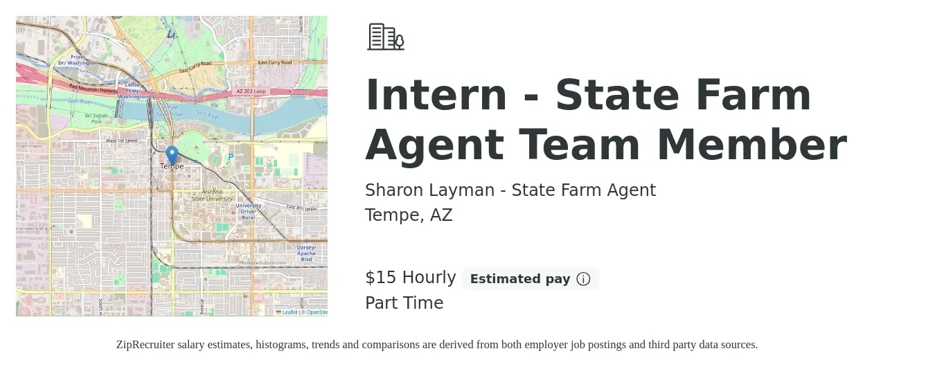 Sharon Layman - State Farm Agent job posting for a Intern - State Farm Agent Team Member in Tempe, AZ with a salary of $16 Hourly with a map of Tempe location.