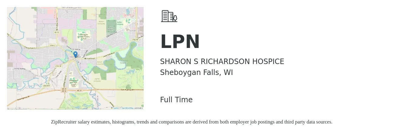 SHARON S RICHARDSON HOSPICE job posting for a LPN in Sheboygan Falls, WI with a salary of $26 to $36 Hourly with a map of Sheboygan Falls location.