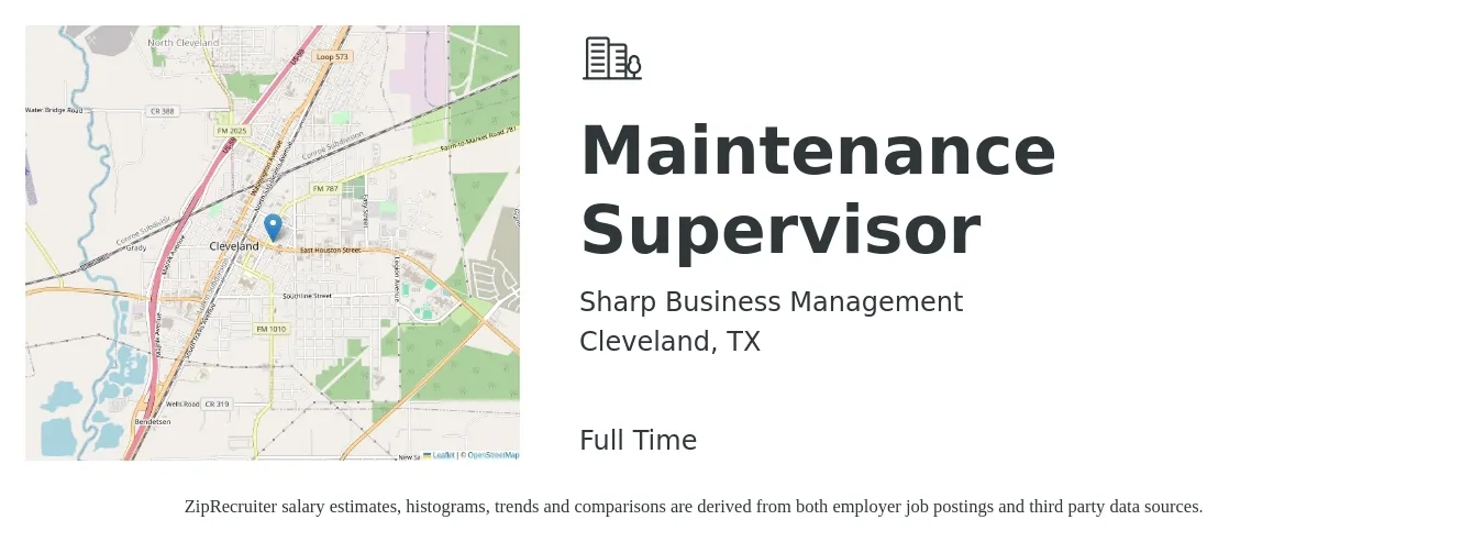 Sharp Business Management Inc job posting for a Maintenance Supervisor in Cleveland, TX with a salary of $22 to $36 Hourly with a map of Cleveland location.