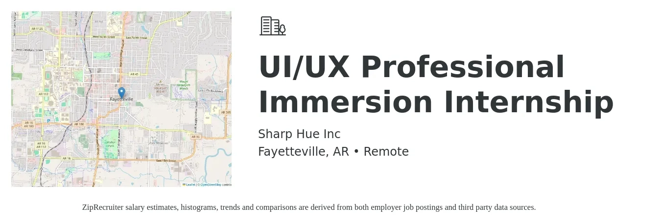 Sharp Hue Inc job posting for a UI/UX Professional Immersion Internship in Fayetteville, AR with a salary of $17 Hourly with a map of Fayetteville location.