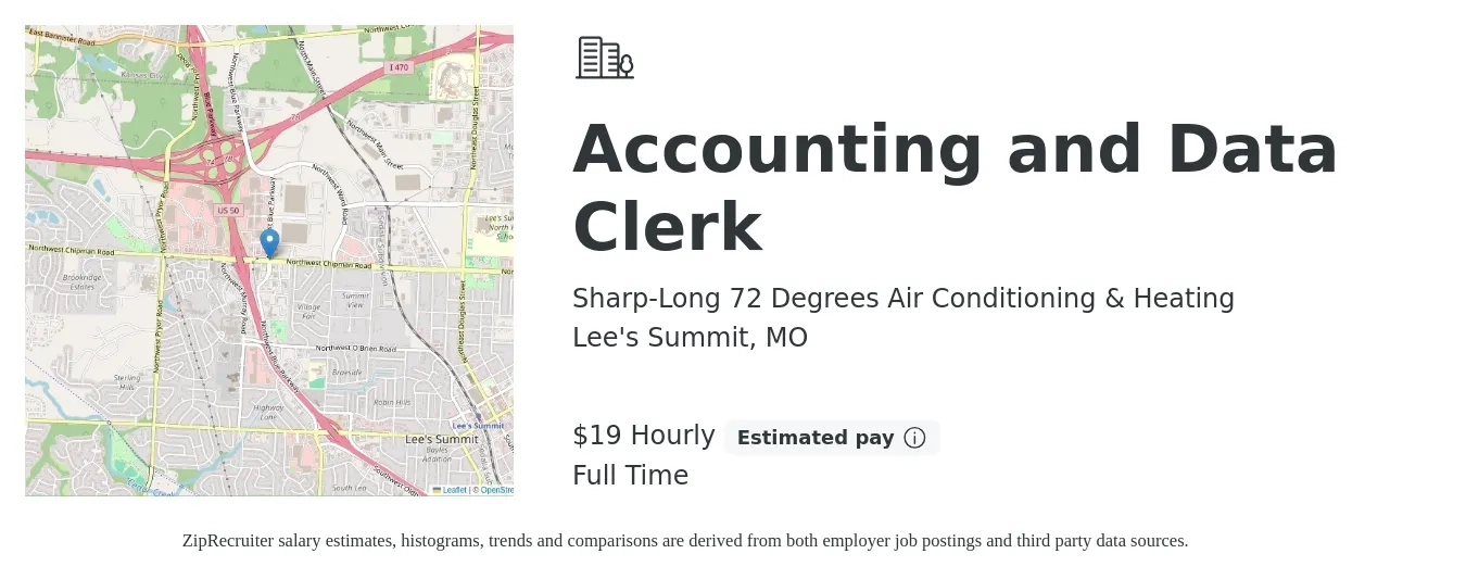 Sharp-Long 72 Degrees Air Conditioning & Heating job posting for a Accounting and Data Clerk in Lee's Summit, MO with a salary of $20 Hourly with a map of Lee's Summit location.