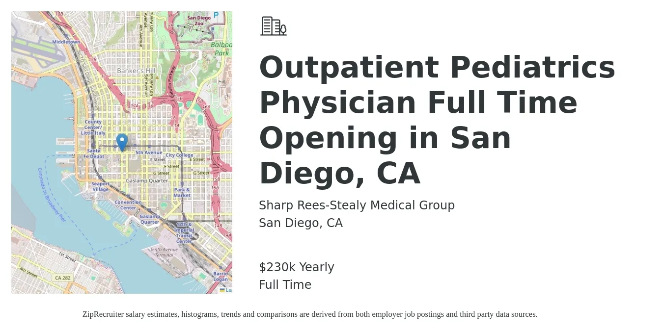 Sharp Rees-Stealy Medical Group job posting for a Outpatient Pediatrics Physician Full Time Opening in San Diego, CA in San Diego, CA with a salary of $230,000 Yearly with a map of San Diego location.