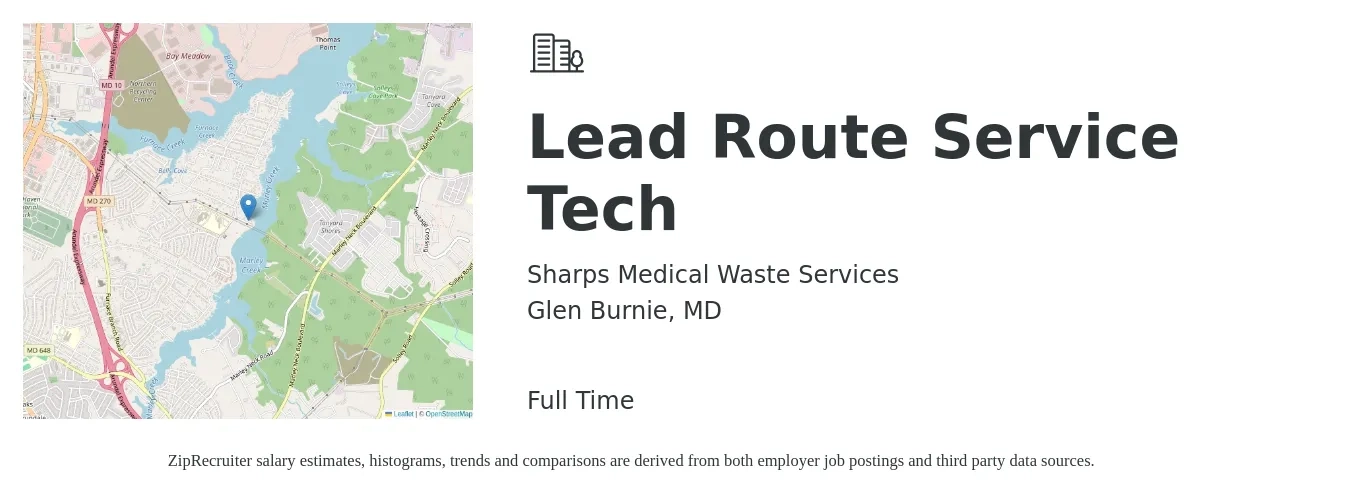 Sharps Medical Waste Services job posting for a Lead Route Service Tech in Glen Burnie, MD with a salary of $43,300 to $56,100 Yearly with a map of Glen Burnie location.